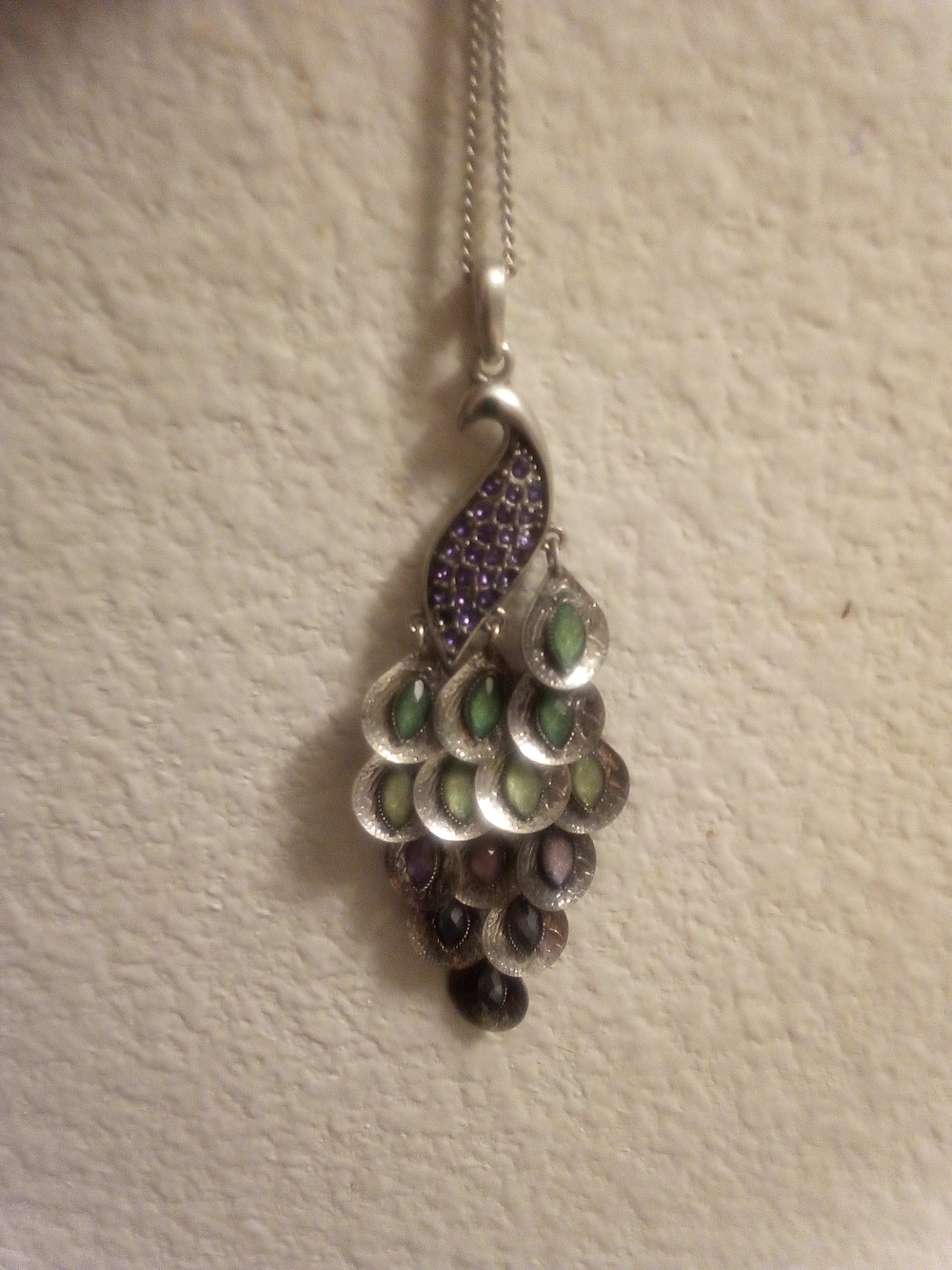 Silver Peacock Feather Pendant with Purple and Green Accents, With 18" Chain
